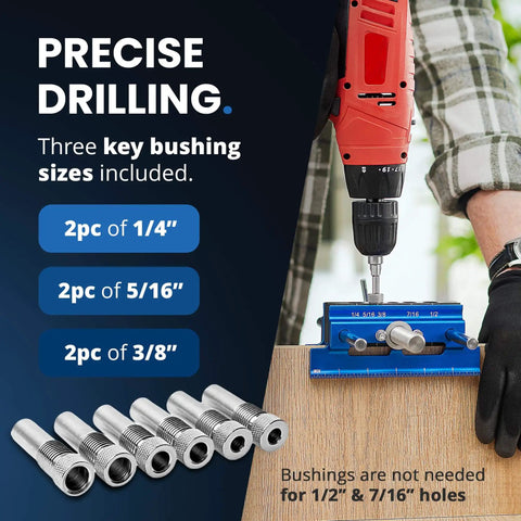 Self Centering Dowel Jig With Elongated Jaws And Extra Wide Clamp For Fast Accurate Woodworking, blue aluminum guide in use
