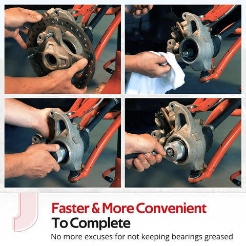 44mm And 40mm Front And Rear Wheel Bearing Greaser Tool Kit For Polaris Ranger And RZR Models in use on ATV wheel hub