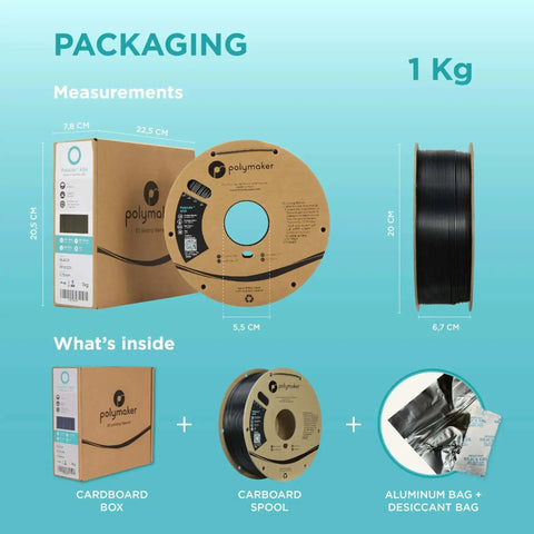 ASA 3D Printing Filament 1.75mm Black 1kg packaging and contents, showing spool, box, and additional items, designed for outdoor use.