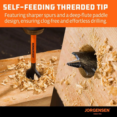 Effortless Wood Drilling 14-Piece Spade Bit Set With Self-Feeding Threaded Tip drilling wood with visible carbon steel paddle bits.