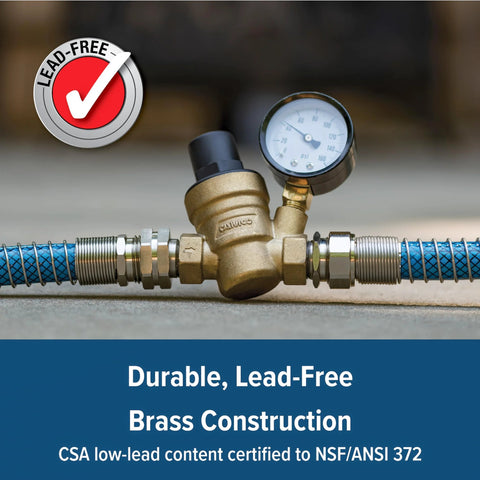 Camco adjustable lead-free brass RV/marine water pressure regulator with gauge and blue braided hoses