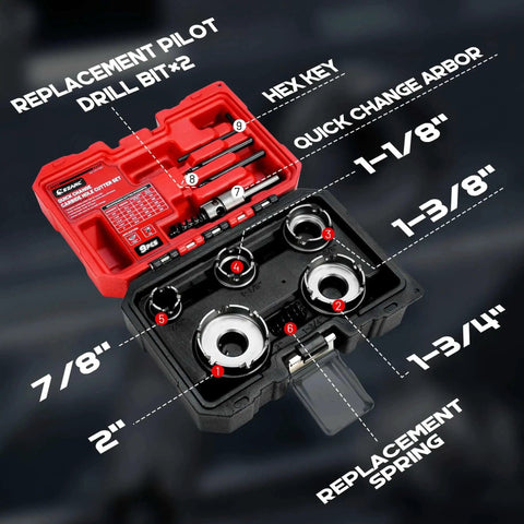 Quick Change 9 Piece Hole Saw Kit Heavy Duty With Tungsten Carbide Cutters For Stainless Steel And Sheet Metal Seven Eighths Inch To Two Inch Fast Arbor Swap With Push And Twist Lock Includes Pilot Drills Hex Key And Spring EZARC in open red case showing various sizes and components.