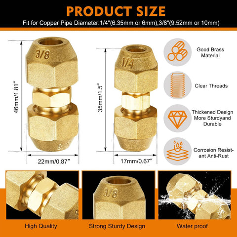 Relaxweex 4pc copper pipe extension joints with flare nuts; 1/4" and 3/8" sizes; brass HVAC fittings