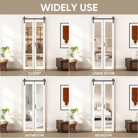 Bi Fold Barn Door With Mirror Panels And Track Kit For Closet 36 By 84 Inches Shatterproof MDF Mirror Doors in various rooms