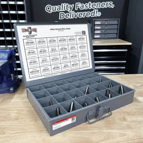 Plain Finish Hardened Alloy Dowel Pins Assortment, 293 Pieces, High Precision Metal Pins For Alignment, Machining, And Repairs in open box
