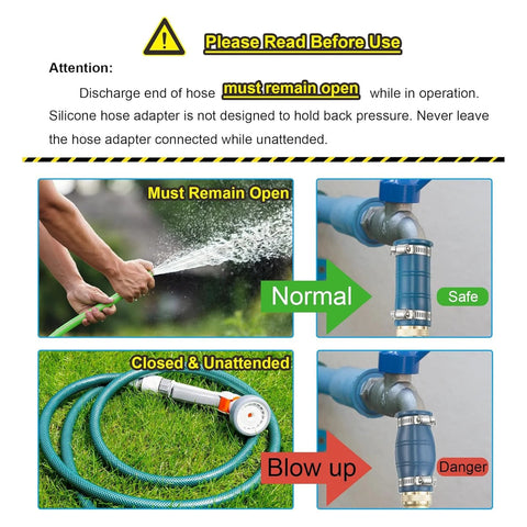 Universal faucet hose adapter with thickened silicone sleeve; blue connectors and hose clamp on faucet