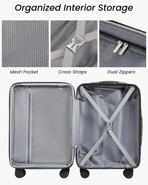 Open view of Three Piece Luggage Set Expandable Hardside Suitcases with TSA Lock showing organized interior with mesh pocket, cross straps, and dual zippers.