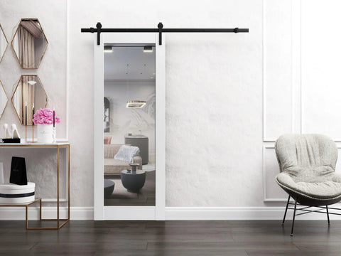 Sturdy Barn Door 36 By 96 Inches With Mirror Panel Lucia 1299 White Silk With Mirror Finish 6.6 Ft Rail Hangers Heavy Hardware Set