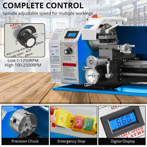 Beefy 9 By 30 Inch Metal Lathe With 1100W Motor And 2500 RPM Mini Lathe For Turning Drilling And Threading Steel Aluminum Brass Nylon Delrin Includes 5 Inch 3 Jaw Chuck For Precise Metalworking, showing control panel and spindle.