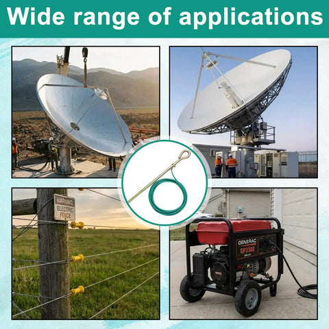 Portable Ground Rod Kit With 15Ft 12AWG Grounding Wire For Earthing, illustrated use with satellite dishes and electric fence