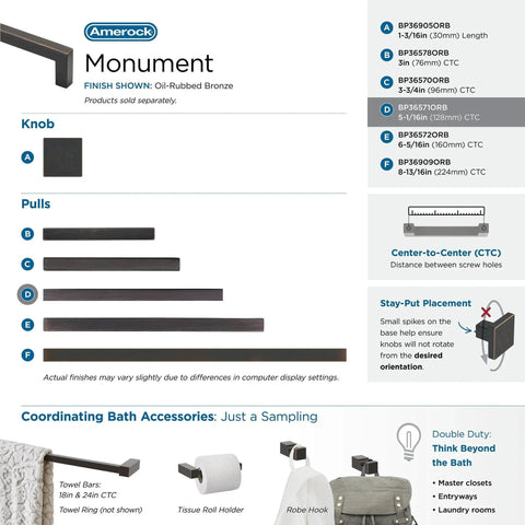 Oil Rubbed Bronze Cabinet Pull Monument Collection 5-1/16 Inch Center-To-Center, product diagram showing dimensions and accessories