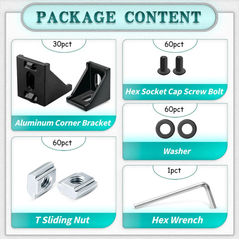 Package contents of 2020 Series Aluminum Extrusion Profile Connector Kit For 20mm Rails showing 30 corner brackets, T nuts, bolts, washers, wrench.