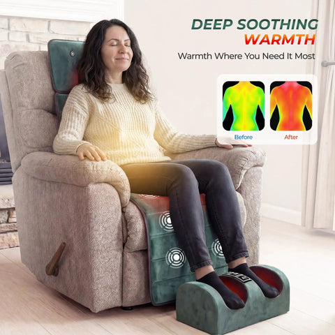 Woman using Ultimate Full Body Massage Mat With Heat And Detachable Neck Massager For Deep Tissue Relief on a chair