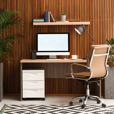 Office setup with wooden desk, computer, and swivel chair with 1 inch nylon swivel stem casters 10 pack with 360 degree insert wheels.