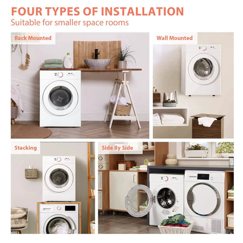 Compact 1.8 Cu Ft Portable Clothes Dryer With Exhaust Duct And Stainless Liner shown in four installation options.