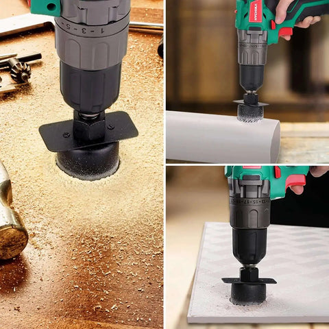 Ultimate 19 Piece Hole Saw Kit With 13 Blades Ranging From 19mm To 152mm Plus 2 Mandrels 2 Drill Bits Installation Plate And Hex Key For Soft Wood Plywood Drywall And PVC Ideal For DIY Home Projects And Pro Level Repairs in use on wood, PVC, and drywall.