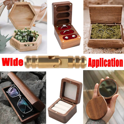 Premium Brass Hidden Hinges Set For Mini Jewelry Boxes And Music Boxes With 270 Degree Folding Includes 25 Cylinder Hinges 4x17mm And 25 Magnets 4x3mm For DIYers Woodworking Projects And Crafting displayed in various wood box applications