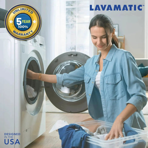 Woman using front-load washing machine with Voltage And Surge Protector For Front And Top Load Washing Machines Two Pack.