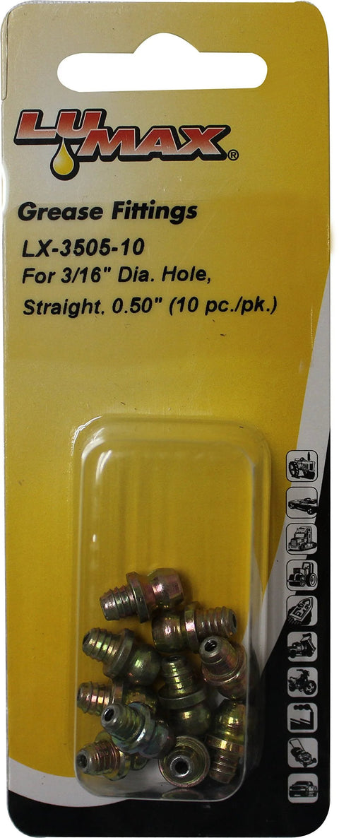 LUMAX grease fittings LX-3505-10, straight 0.50 in, for 3/16 in hole, pack of 10, serrated shank