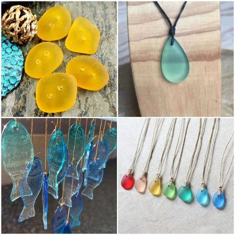 Four-part collage showing sea glass beads, pendant, fish ornaments, and tear drop necklaces in various colors.