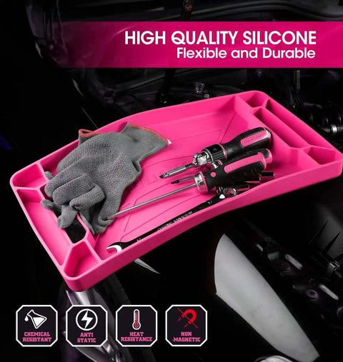 Flexible Silicone Tool Tray 3 Pack For Mechanics And Your Home Shop, Heat And Chemical Resistant Tool Organizer In Pink with tools