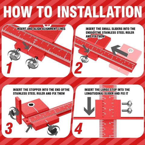 Installation guide of Time Saving Cabinet Hardware Jig Kit With Dual 32 Inch And 16 Inch Sizes showing step-by-step procedure.