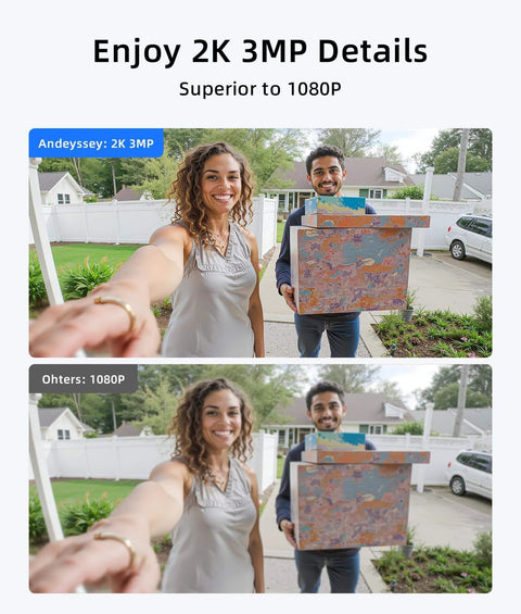 Comparison image showing clarity of 3MP Wireless Video Doorbell With 2K HD Footage No Monthly Fees Battery Powered No Subscription Real Time Motion Alerts Package Detection And Human Detection Works With Alexa And Google Assistant 2 4Ghz WiFi Only versus 1080P footage.