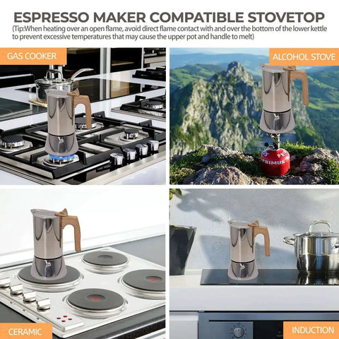 12 Cup Moka Pot Stainless Steel Coffee Maker Stovetop Espresso Coffeemaker 304 Grade Uncoated Finish shown on different stovetops.