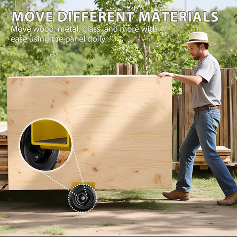 Heavy Duty Panel Dolly With 700 Pound Load Capacity And Eight Inch Wheels A Beast Of A Workhorse Steel Mover For Drywall Plywood Doors Fence Sheetrock And Lumber Move It Easy And Fast in use transporting large wooden panel outdoors.