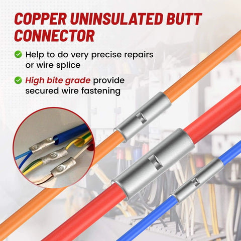 Uninsulated Butt Connector Kit Copper Wiring Ferrules 26 To 8 AWG 6 Sizes 100 PCS for quick auto and home wiring.