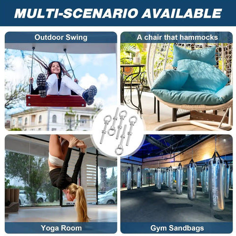 Various installations using Metric M10 Eye Bolts 5 Pack Heavy Duty Stainless Steel 3/8 In By 4 In, including swings, chairs, gyms.