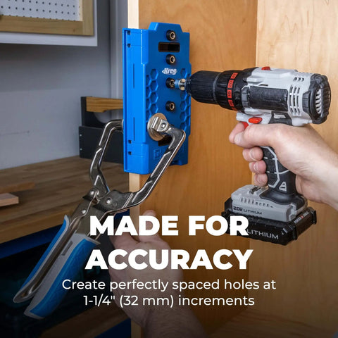 One Quarter Inch Shelf Pin Jig For Cabinets And Furniture With Edge Aligned Precision Hole Drilling Guide in use with drill