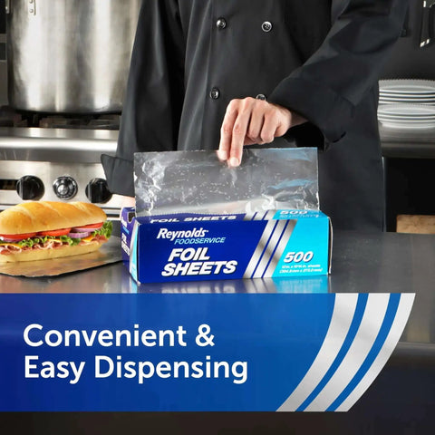 Chef using Pre-Cut Aluminum Foil Sheets For Foodservice, 12 X 10.75 Inches, 500 Count Pop Up Dispenser in restaurant kitchen