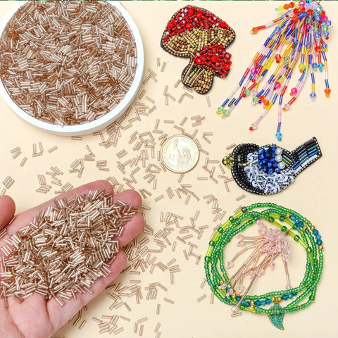 Glass Bugle Beads Bulk 4200 Pcs 2x6mm Champagne Pink Long Tube Seed Beads For Jewelry Making Sewing Crafts Bracelets Embroidery