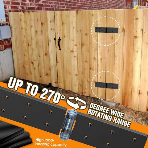Heavy Duty Gate Hinges 270 Degree Adjustable For Wood Fence And Barn Door With Screws Two Pack Double Layer Folding Butt Hinges Kit Built From Heavy Duty Steel For Superior Weather Resistant Durability And No Sag Support installed on wooden gate.