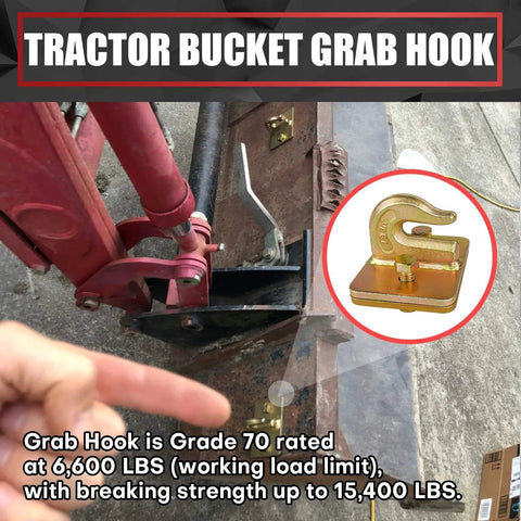 Two Pack Grade 70 Forged Steel Three Eighths Inch Tractor Bucket Grab Hooks With Backer Plate And Mounting Hardware installed on tractor