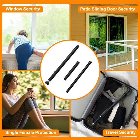 Sliding Door Security Bar Adjustable From 17 To 51 Inches Heavy Duty Interior Bar For Patio Doors And Windows, shown with uses in windows, patio doors, personal protection, and travel.