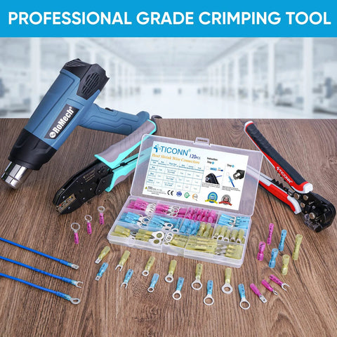 TICONN 120Pcs Heat Shrink Wire Connector Kit with assorted waterproof automotive/marine terminals, plastic case