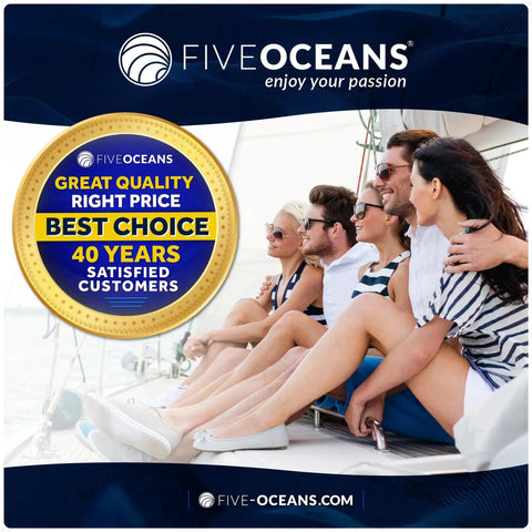 Front view of Five Oceans 2-pack boat hatch lid supports packaging with gold badge and a group on a sailboat