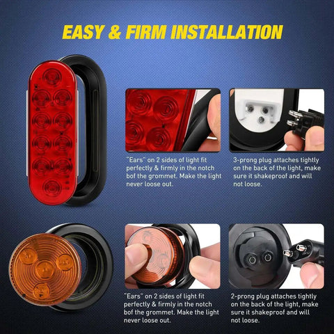 Installation details of Two Pack Beefy Steel Trailer Light Boxes Housing Kit with 6 Inch Oval Red Tail Lights and 2 Inch Round Amber Side Markers.