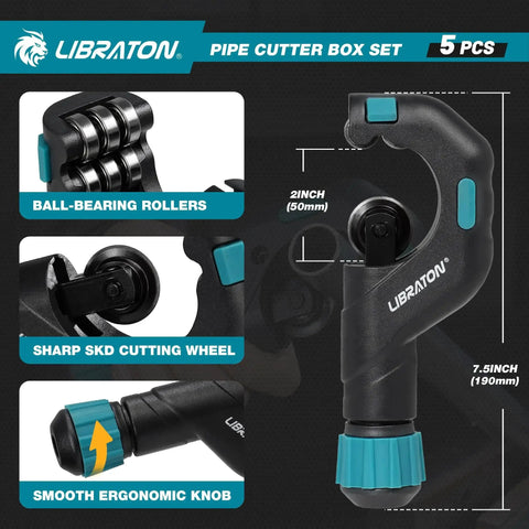 Front view of Heavy Duty Pipe Cutter Set Pro Grade 5 Piece Tubing Tool Kit with copper tube cutter, sharp SKD cutting wheel, ball-bearing rollers.