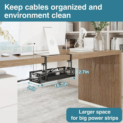 No Drill Under Desk Cable Tray With Clamp Mount Fifteen Point Seven Inch Cord Organizer installed under wooden desk