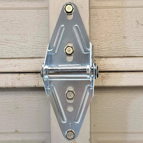 Two Eighteen Gauge Narrow Body Garage Door Hinges In Cold Rolled Steel With Galvanized Finish Replacement Hardware installed view