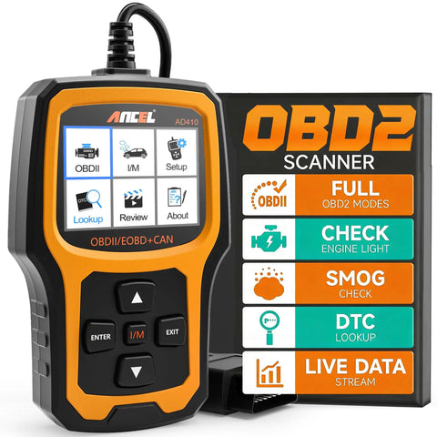 Enhanced OBD2 Scanner For Check Engine Light Reads Codes Fast With ANCEL AD410 Vehicle Code Reader showing buttons and display.