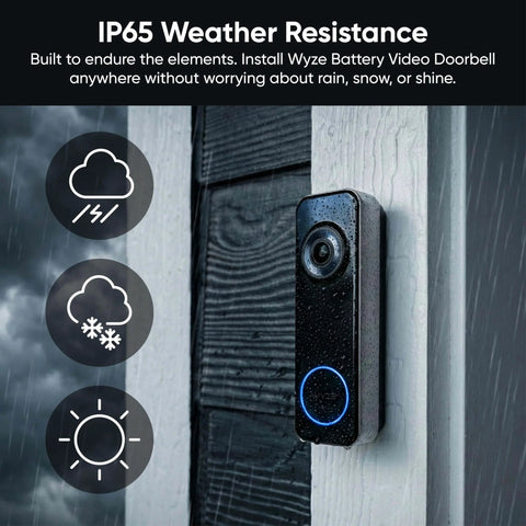 Battery Powered Video Doorbell Camera With 1-To-1 Head-To-Toe View, HD Plus 1536x1536, installed on a wall with raindrops
