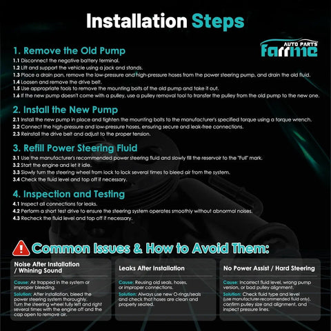 Installation steps for power steering pump replacement and common issues avoidance guide