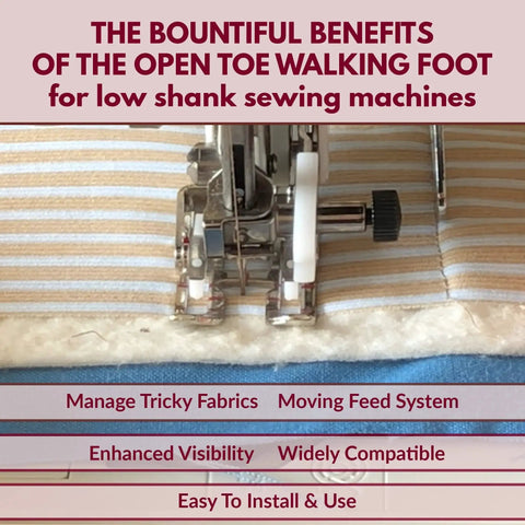 Madam Sew Open-Toe Walking Foot installed on a low-shank sewing machine with striped fabric.