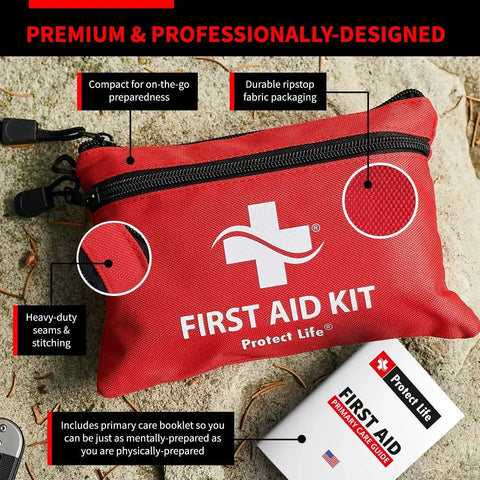 Red pouch of Go To 100 Piece First Aid Kit For Travel And Outdoors, compact emergency kit for car, home, office, camping and hiking
