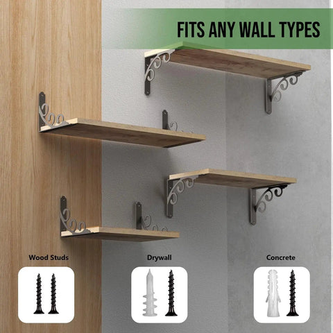 L Shaped Shelf Brackets For 8 To 10 Inch Boards Heavy Duty Metal Floating Shelf Brackets installed on various wall types with decorative iron design.