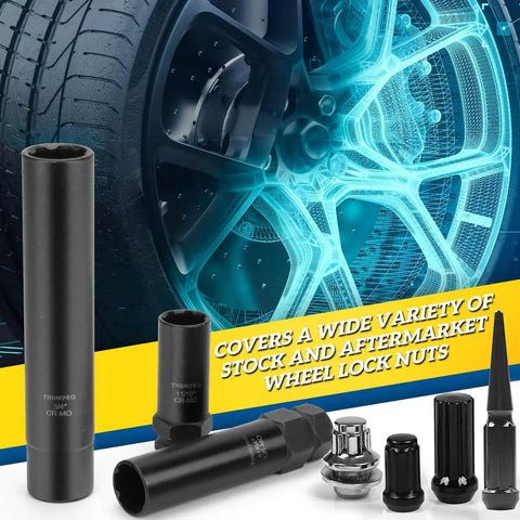 10 Piece Wheel Lock Removal Kit With Spline And Hex Master Keys Remove Rusted Or Stripped Lug Nuts On Aftermarket Wheels CrMo Steel Construction Anti Theft Lock Nut Removal For Jeep Ford Toyota Honda displayed with sockets and lug nut set.